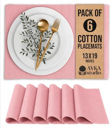 100% Cotton Ribbed Placemats - Set of 6-13 x 19 Inches - Dull Pink - Everyday Basic Cloth Table Mats - Thick Construction, Washable & Reusable Cloth Place Mats - by AVKA Studio