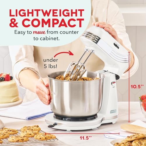 Dash Everyday Stand Mixer - Compact Tilt-Head Stand Mixer for Everyday Recipes - 6-Speed Power with Stainless Steel Bowl - White, 3-Quart