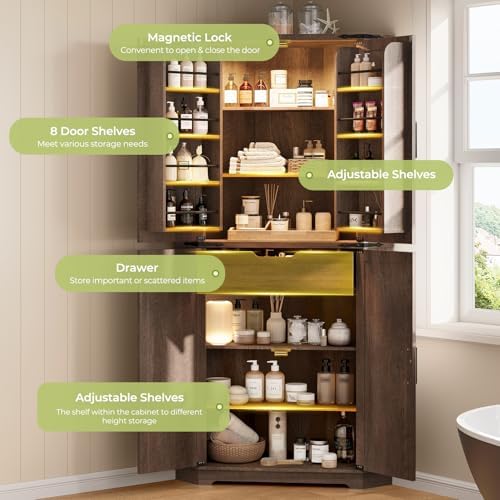 Dripex 71" Corner Cabinet Brown, Farmhouse Kitchen Pantry Cabinet with Doors Storage & Adjustable Shelves, Tall Corner Storage Cabinet with LED Light, Food Pantry for Living Room, Dining Room