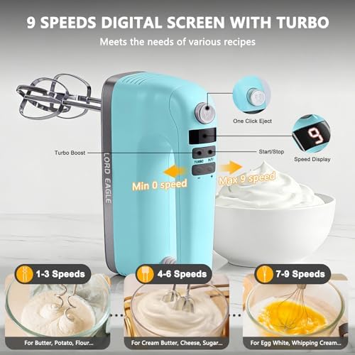 Lord Eagle 9-Speed Digital Hand Mixer Electric Handheld, 500W DC Motor