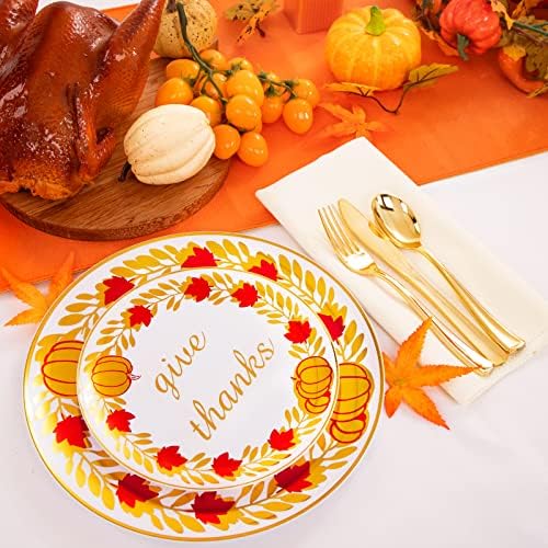 U-QE 125PCS Thanksgiving Plastic Plates with Gold Plastic Silverware