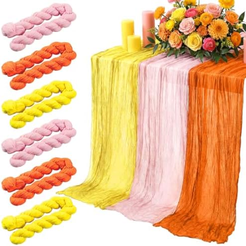 6 Pcs Fall Orange Yellow Pink Cheesecloth Table Runner 118" Gauze