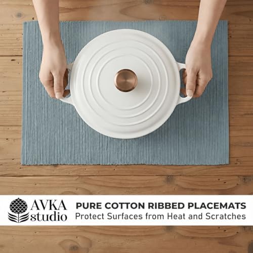 100% Cotton Ribbed Placemats - Set of 4-13 x 19 Inches - Grey - Everyday Cloth Table Mats - Thick Construction, Washable & Reusable Cloth Place Mats - by AVKA Studio