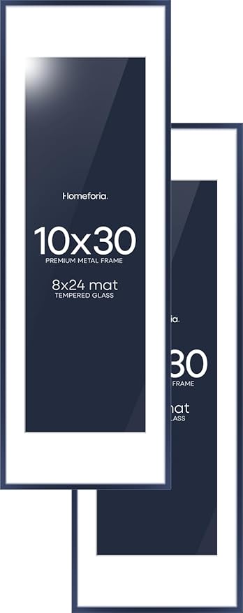 Homeforia 10x30 Navy Blue Picture Frame, High End Metal 10by30 Poster Frames with Mat 8x24 Photo, 10 x 30 Blue Frames Matted to 8 x 24 Print, 30x10 Panoramic Frames, Tempered Glass, Wall Kit, Set of 2