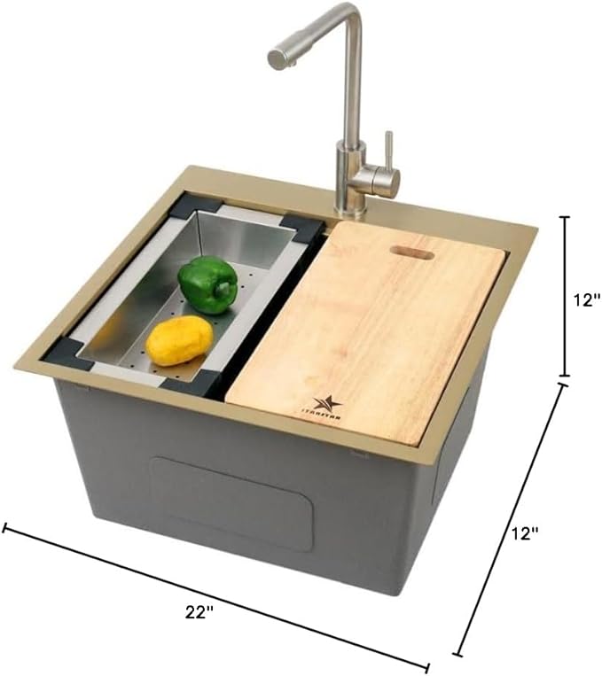 STARSTAR Workstation Ledge Topmount/Drop-in Single Bowl Satin Matte 304 Stainless Steel Kitchen/Yard/Bar/Laundry/Office Sink, With Grid, Colander, Cutting Board, Strainer (22x22x12 Gold)