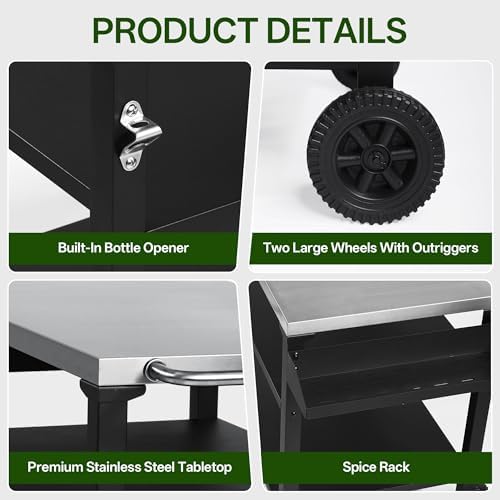 KEIKI 3-Tier Outdoor Grill Cart Table with 2 Wheels, Seasoning Tray, Movable BBQ Cooking Prep Table, Pizza Oven Table, Serving Bar Cart for Backyard, Indoor, Outside, Kitchen Room, Stainless Steel