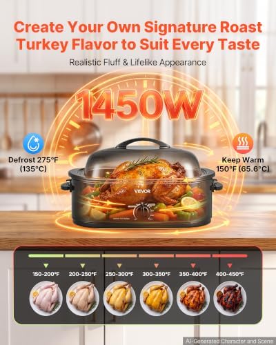 VEVOR Electric Roaster Oven, 18 Qt, Turkey Roasting Pan, Black, Metal Lid