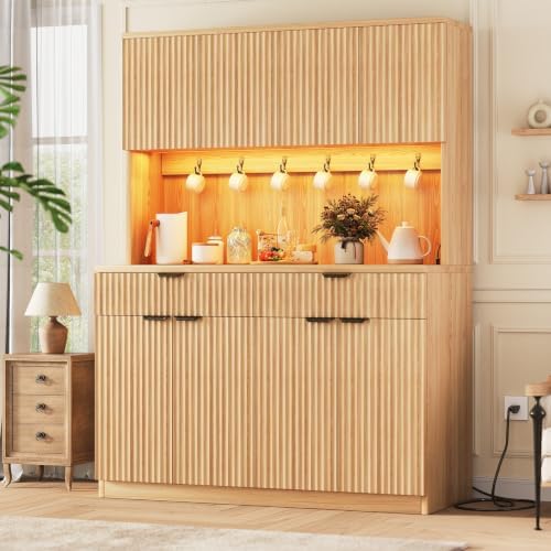 Jocoevol Fluted Kitchen Pantry Storage Cabinet with Charging Station & LED Lights,71" Tall Kitchen Hutch with Microwave Stand, Adjustable Shelves,Storage Doors (Natural, 47" W x71 Hx15.7 D)