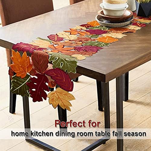 OWENIE Leaves Fall Table Runner, Fall Decor for Home, Thanksgiving Runner, 13 Inch x 70 Inch, Embroidered Harvest Maple Leaf Decoration for Autumn, Applique Dresser Scarf