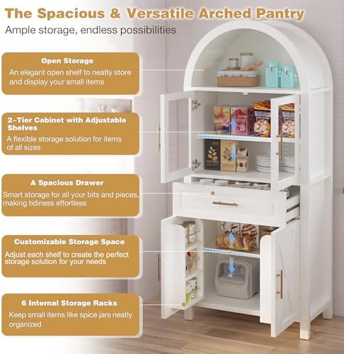 71" Tall Arched Kitchen Pantry Cabinet with Glass Door,Farmhouse Modern Wood Arched Cabinetsw/Adjustable Shelves & Drawer, Accent Cabinet with Barn Door for Kitchen, Living & Dining Room, Bathroom