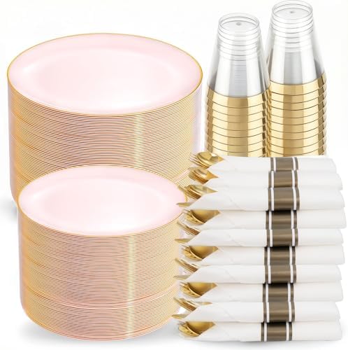 KIRE 350 PCS Pink Disposable Plates - Plastic Dinnerware Set for Wedding