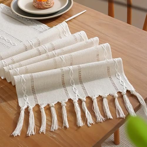 Niviy White Table Runners 90 Inches Long with Tassels, Ivory Embroidered Table Runner Farmhouse Rustic Linen Runners for Dresser Scarf Home Decor (White, 12"×90")