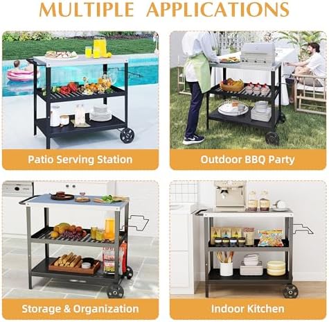 3-Shelf Pizza Oven Table with 34" x 20" Stainless Tabletop,Outdoor Grill Cart for Pizza Ovens & Griddles,Black