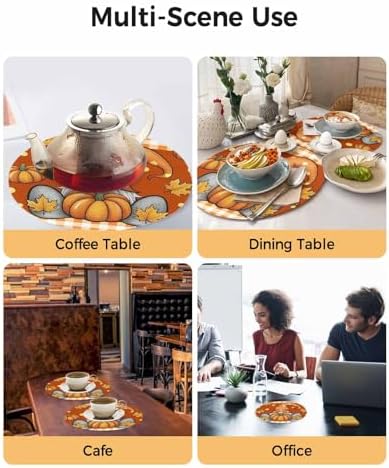 Fall Round Placemats Set of 6 Thanksgiving Pumpkin Gnome Place Mats Washable Woven Placemat Maple Leaf Orange Buffalo Plaid Circle Braided Table Mat for Kitchen Dining Holiday Party Fall Decor 15 Inch