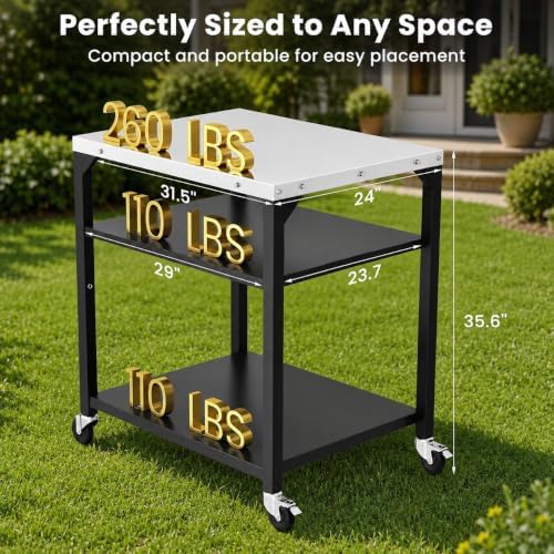 Hisencn 3-Shelf Pizza Oven Table with Lockable Wheels,31.5"L x 24"W