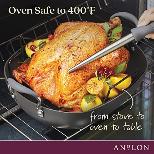 Anolon Advanced Home Hard Anodized Nonstick Roaster/Roasting Pan with Utensils, 16 Inch x 13 Inch, Moonstone
