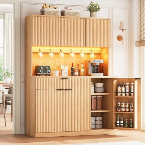 Jocoevol Fluted Kitchen Pantry Storage Cabinet with Charging Station & LED Lights,71" Tall Kitchen Hutch with Microwave Stand, Adjustable Shelves,Storage Doors (Natural, 41 * 71 * 15.7)