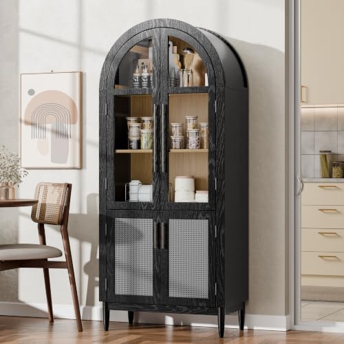 71" Tall Arched Cabinet with Glass Doors, Kitchen Pantry Storage Cabinet with Dust-Proof Rattan, 5-Tier Curio China Cabinet with Adjustable Shelves for Living Room Dining Room, Black