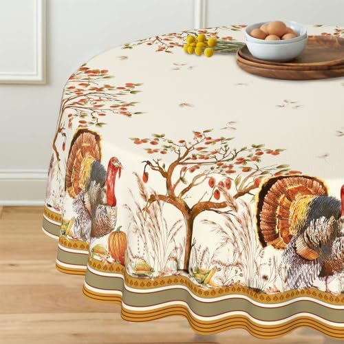 Fall Thanksgiving Double Border Decoration Tablecloth, Autumn Pumpkin Harvest Tablecloths, Waterproof Table Cover for Dinner Kitchen Party Holiday Decorations Round 60"