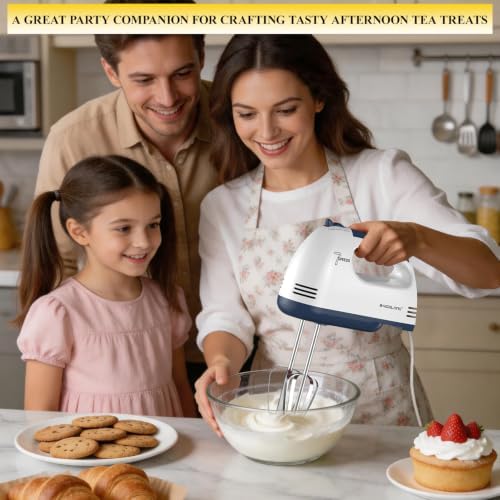 BAIGELONG Hand Mixer. 7-Speed Adjustable Kitchen Electric Mixer. With 5 Stainless Steel Attachments: 2 Hooks, 2 Beaters, 1 Whisk. Comes 1 Storage Box. Perfect for Bakers and New Starters, White
