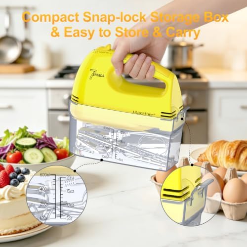 LILPARTNER Electric Hand Mixer with Storage Box, Ultra Power Kitchen Hand Mixer With 7-Speed & 5 Stainless Steel Accessories for Whipping Dough, Cream, Cake, Dishwasher Safe, LIGHT YELLOW BOX