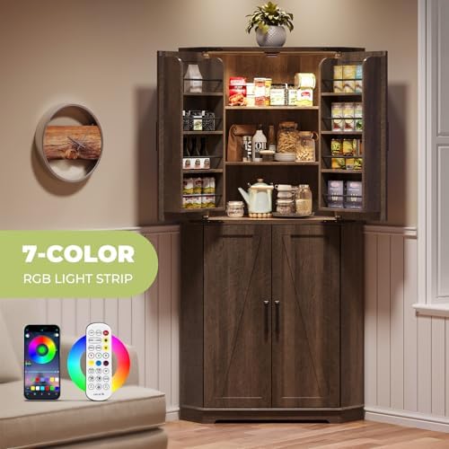 Dripex Tall Kitchen Pantry Cabinet with LED Light, 71" Corner Pantry Brown