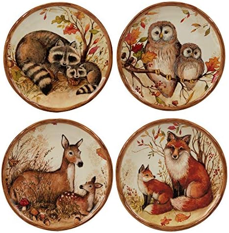 Pine Forest 6" Ceramic Canape/Luncheon Plates, Set of 4 – Woodland Animal Autumn Dishware Featuring Owl, Fox, Deer & Raccoon – Perfect for Appetizers, Desserts, Snacks & Fall Entertaining