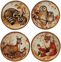Pine Forest 6" Ceramic Canape/Luncheon Plates, Set of 4 – Woodland Animal Autumn Dishware Featuring Owl, Fox, Deer & Raccoon – Perfect for Appetizers, Desserts, Snacks & Fall Entertaining