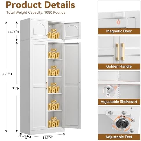 Polup Kitchen Pantry Cabinet, 86" Tall Metal Storage Cabinet with Doors