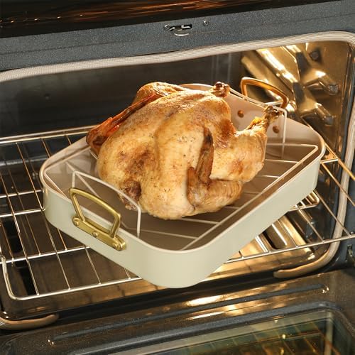 Gibson Home Broxton 2-Piece Nonstick Roaster Pan with Rack – 16 x 12 Inch Mint Green Turkey Roasting Pan with Cast Aluminum Gold Handles – Oven-Safe, Easy-Clean, Holiday Cookware