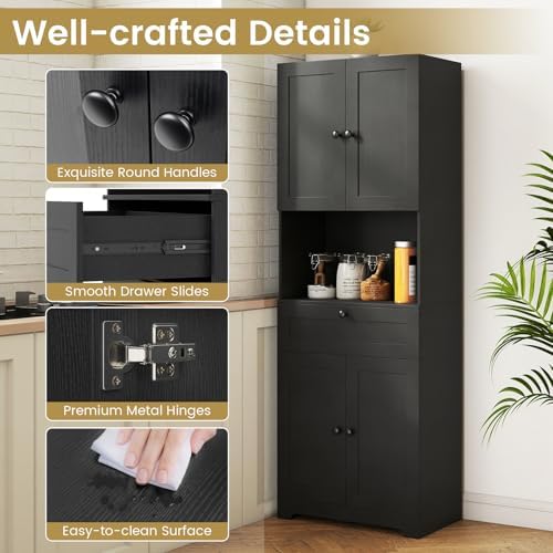 GIANTEX Kitchen Pantry Cabinet, 67.5" Tall Floor Storage Cabinet w/4 Doors & 1 Drawer, Modern Freestanding Bathroom Organizer w/Open Countertop & Adjustable Shelf for Dining Room, Living Room (Black)