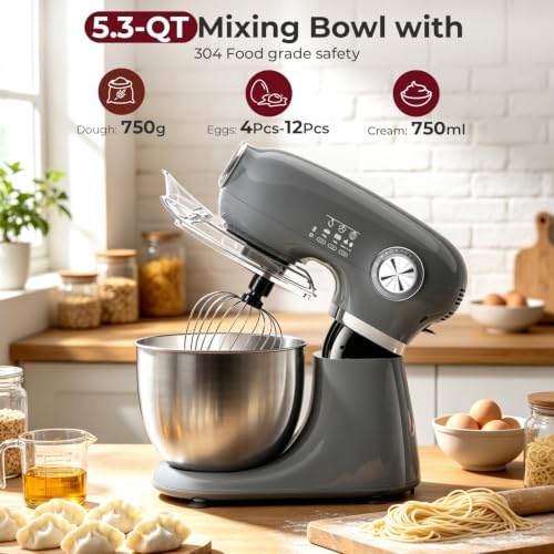 Electactic 5.3 Quart Electric Stand Mixer With 12 Speed, Low Noise, Grey