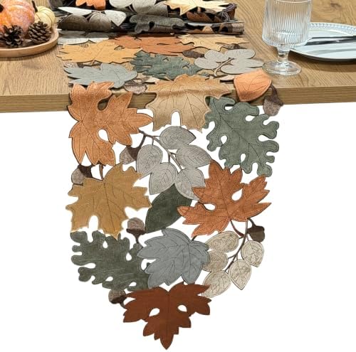 KEVA Fall Table Runner 54inches Long, Autumn Maple Leaves Velvet Table Runner 14x54 inch for Thanksgiving Kitchen Table Decoration, Harvest Embroidered Table Decoration