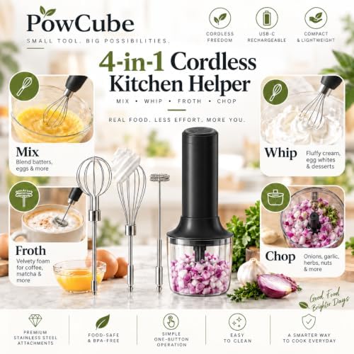 Cordless Hand Mixer, 4-in-1 Handheld Electric Mixer with Electric Whisk Frother & 10 oz Mini Food Chopper, USB-C Rechargeable 4-Speed Hand Mixer for Eggs, Cream, Coffee & Small-Batch Prep