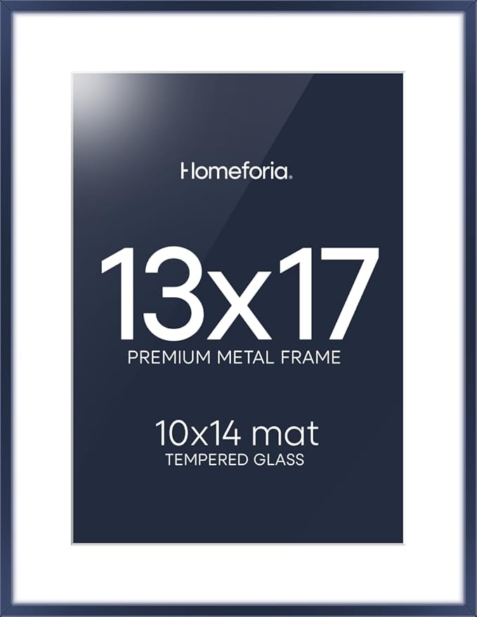 Homeforia 13x17 Picture Frame Navy Blue, High End Metal 13x17 Poster Frames with Mat 10x14 Photo, 13 x 17 Navy Blue Frame Matted to 10 by 14 Print, 17x13 Thin Frame, Tempered Glass, Wall Kit, Set of 1