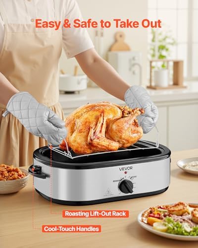 VEVOR Roaster Oven, 14QT Fast-Cooking Turkey Roaster, 150-450℉ Adjustable Temperature Electric Roasting Pan with Self-Basting Lid, Roasting Lift-Out Rack, Defrost & Warm Function, Fits 18lb Turkey