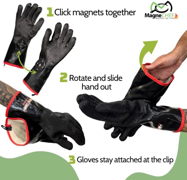 MagneCHEF Freedom BBQ Gloves – 932°F Extreme Heat Resistant Neoprene Grilling Gloves – Patented Magnetic EZ On/Off Safety Clips – Waterproof, 14” Long Cuff for Grills, Smokers, Fryers & Ovens