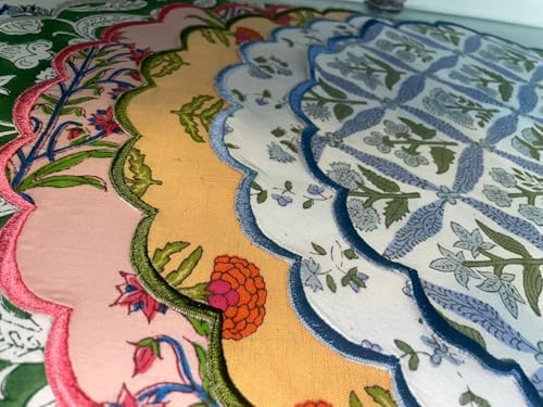 Ridhi Floral Block Print Round Placemats 15 Inch, Set of 4, Assorted Design