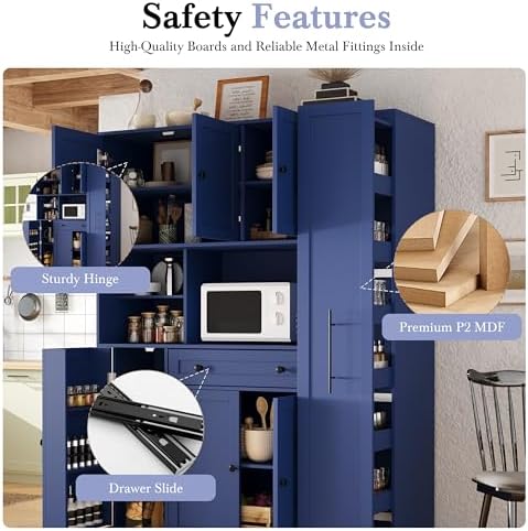 Merax 70'' Tall Traditional Freestanding Buffet with Hutch, Large Kitchen Pantry Storage Cabinet Cupboard with Pull-Out Side Cabinet, Door Shelves and Drawer, Blue