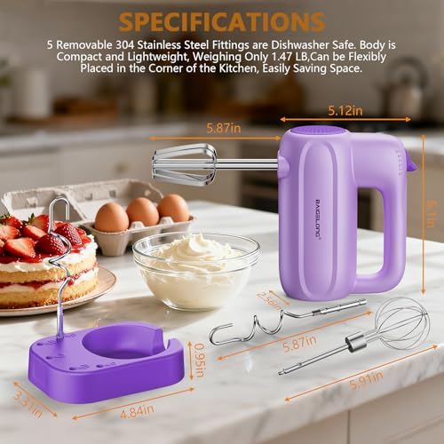 BAIGELONG Hand Electric Mixer, 5-Speed KitchenMixer with 5 * 304 Stainless Steel Attachments + Storage Base, Food Handheld Mixer for Baking, Whipping Cream, Cake Mixing, Purple