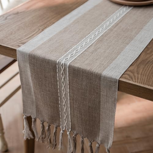 Niviy Farmhouse Table Runner Summer Decor, House Warming Gifts New Home, Embroidered Striped Braided Coffee Boho Table Runner, Farmhouse Table Decoration for Holiday Party 12 x 72 Inches