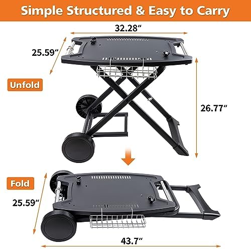 Portable Grill Cart for Weber Q Gas Grills, Folding Grill Stand for Weber Q1000, Q1200, Q2000, Gas Grill Cart for Ninja Woodfire Grill OG700 Series, black, DQ#29018BX-CAR-2C-A