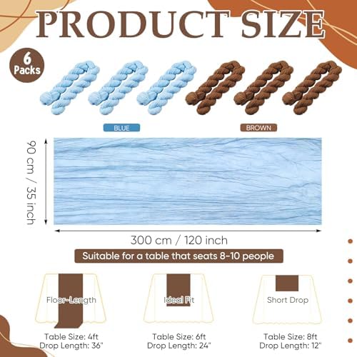 6 Pcs 118" Blue and Brown Cheesecloth Table Runner