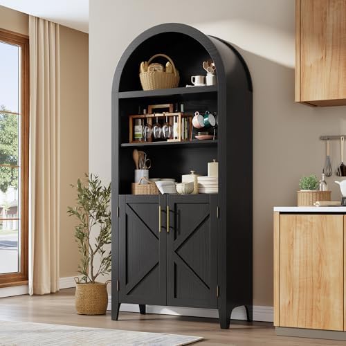 Arched Kitchen Pantry Cabinet with Doors, 5-Tier Open Display Shelf, Black
