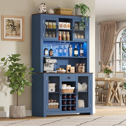 Merax 70.9" Tall Kitchen Pantry Storage Cabinet with Charging Station and LED Lights, Rustic Kitchen Hutch Food Pantries with Wine Rack, Drawer & Adjustable Shelves for Dining Room, Navy Blue