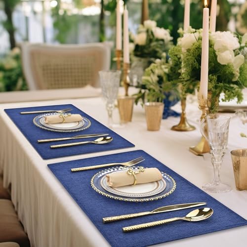 SLKQG Blue Faux Linen Placemats Set of 6, Heat Resistant Washable Double Layer Cloth Place Mats for Dining Table, Wrinkle Resistant Linen Textured Farmhouse Kitchen Decor (6, Navy Blue)