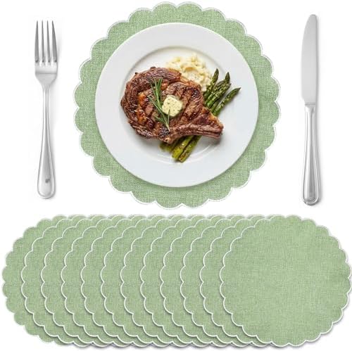 Set of 12 Sage Green Cotton Placemats 15" Round Scalloped White