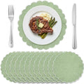 Set of 12 Sage Green Cotton Placemats 15" Round Scalloped White