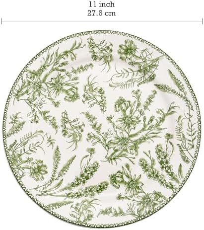 Bico Green Garden Toile De Jouy Dinner Plates Set of 4, 11 Inch Large Ceramic Plates for Pasta, Steak, Stylish Serving Dishes, Microwave and Dishwasher Safe, Gift for Housewarming and Thanksgiving