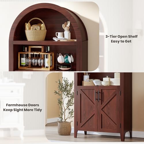 Garvee Arched Cabinet with Doors, 5-Tier Kitchen Pantry Cabinet with Adjustable Shelves, Wooden Open Farmhouse Storage Organizer for Kitchen, Dining Room, Living Room, Home Office, Walnut